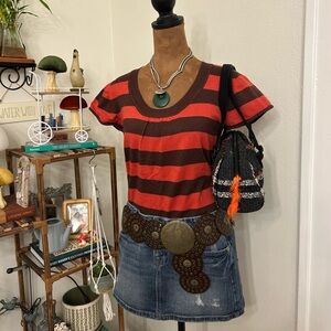 Rue 21 Brown & Red/Burnt Orange Striped Short Sleeve Sweater